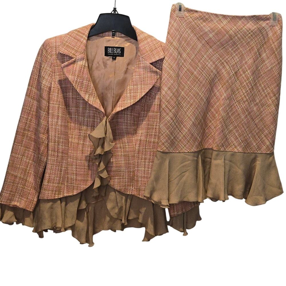 VTG Bill Blass Evening set Legally Blonde sz 8 pink tweed silk ruffles